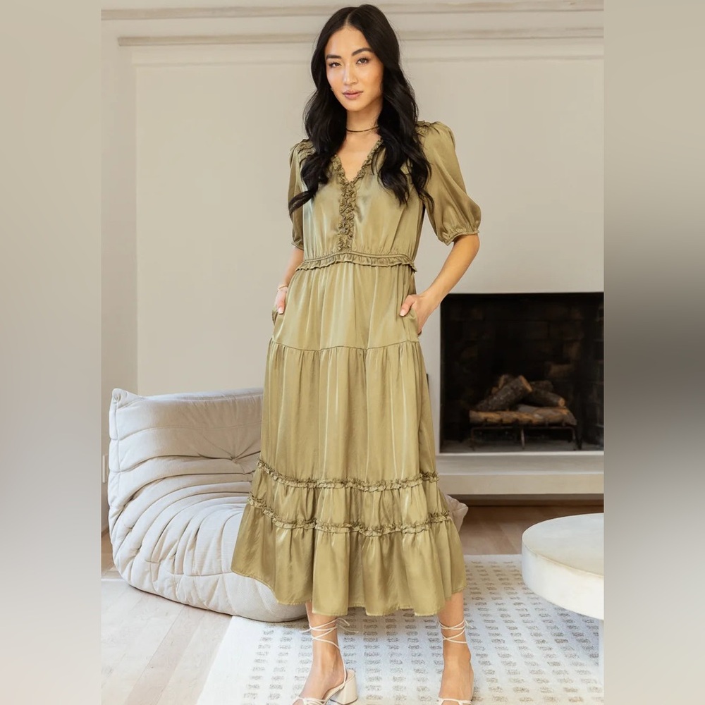 NWOT Bohme Midi satin dress in olive. Size XS.